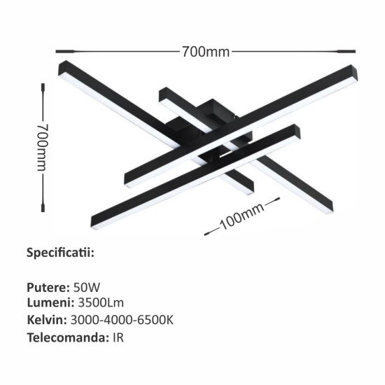 LUSTRA LED AXIS NEGRU 4 BRATE 50W 3530 LM 700*700*100MM- DL75L065B